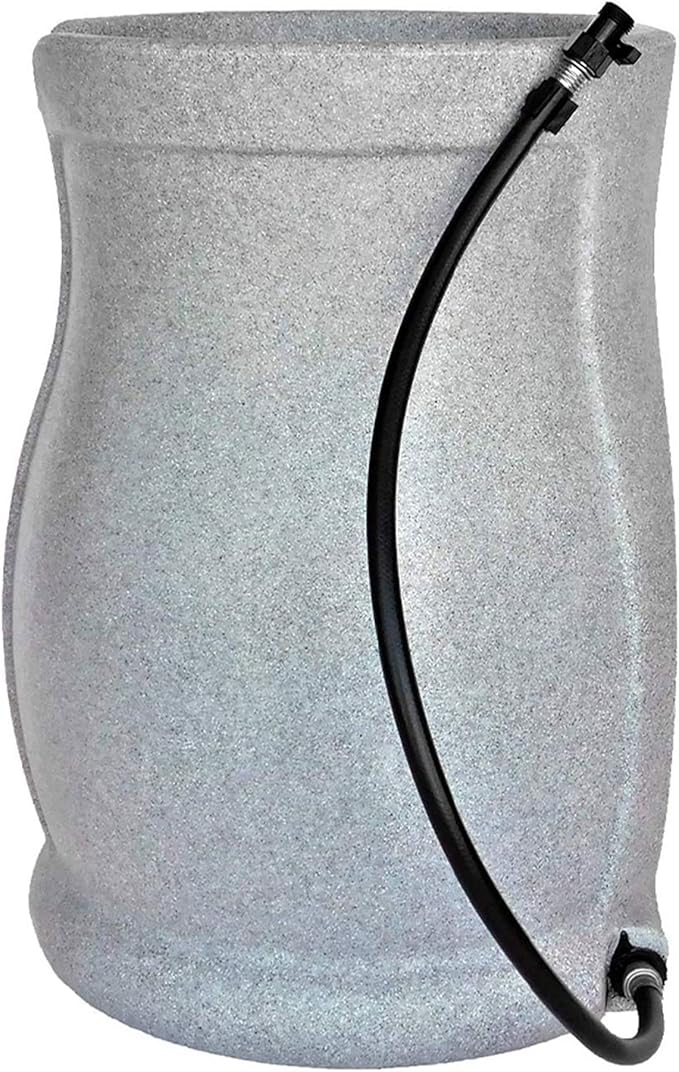 FCMP Outdoor Catalina 45-Gallon Rain Barrel – BPA-Free Flat-Back Design with 3.5 Foot Garden Hose, Shut-Off Thumb Valve, and Fixed Lid (RB-CAT-LTGRNT) Light Granite