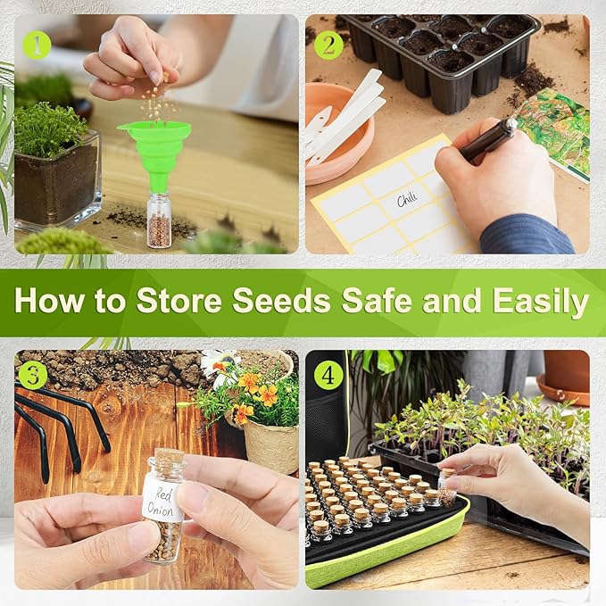 【80 Slots】 Seed Storage Organizer, Sturdy Organizer Box with Dual Zipper Bag and 84Pcs Label Stickers, Glass Seed Storage Container for Flower Vegetable Plants Garden Seeds Saving, Green