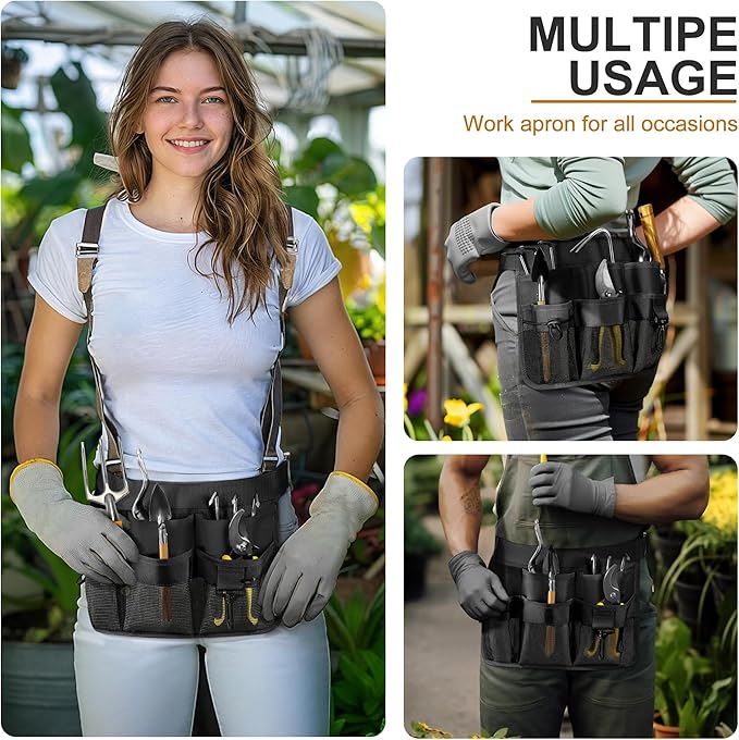 Garden Apron for Women, Adjustable Tool Belt with 8 Pockets - Heavy Duty Oxford Work Belt for Gardening, Construction (Black)