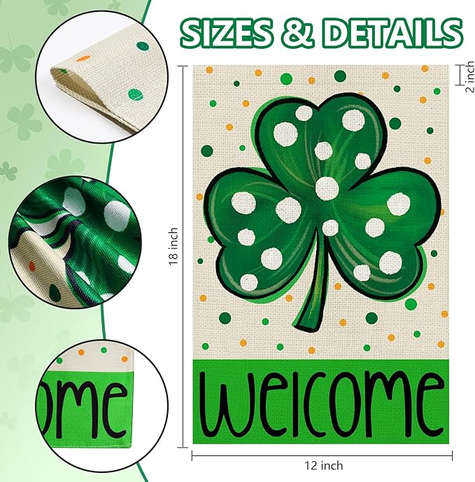St Patrick's Day Garden Flag 12x18 Inch, Shamrock Double Sided Yard Flag for Outdoor Decoration
