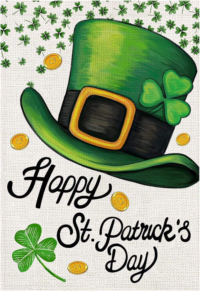 Happy St Patricks Day House Flag Burlap 28x40 Double Sided, Green Hat Shamrocks Lucky Clover Holiday Party Sign Large Flags Yard Outdoor Decorations DF660-28