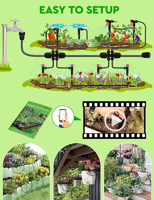 Drip Irrigation System, 40FT 1/2" Mainline & 100FT 1/4" Tubing, with Adjustable Drip Emitters Misting Sprinkler, Efficient Sprinkler System Kit for Flower Bed, Raised Bed, Greenhouse, Lawn