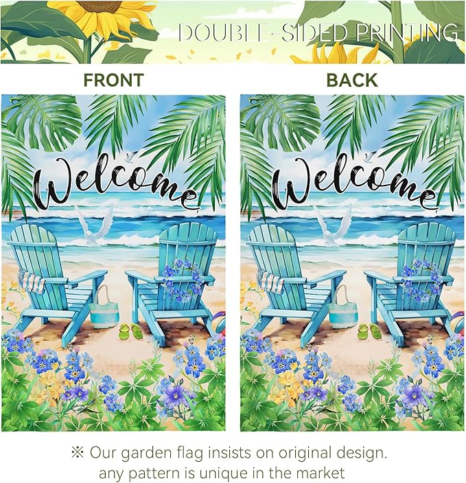 Summer Beach Welcome Garden Flag Nautical Hawaii Coconut Tree Garden Flags Double Sided 12 x 18 Coastal Tropical Yard Flags for Outside Palm Flowers Small Flag Outdoor Decor