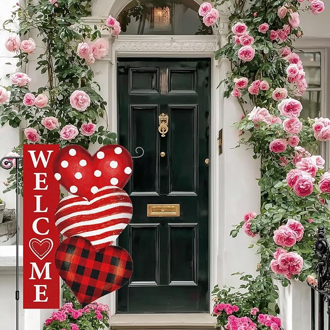 Heyfibro Valentine's Day Garden Flag Valentine Outdoor Decorations Double Sided 12x18inch Love Heart Banner Yard Flags for Outside Anniversary Wedding Party Holiday House Seasonal Decoration