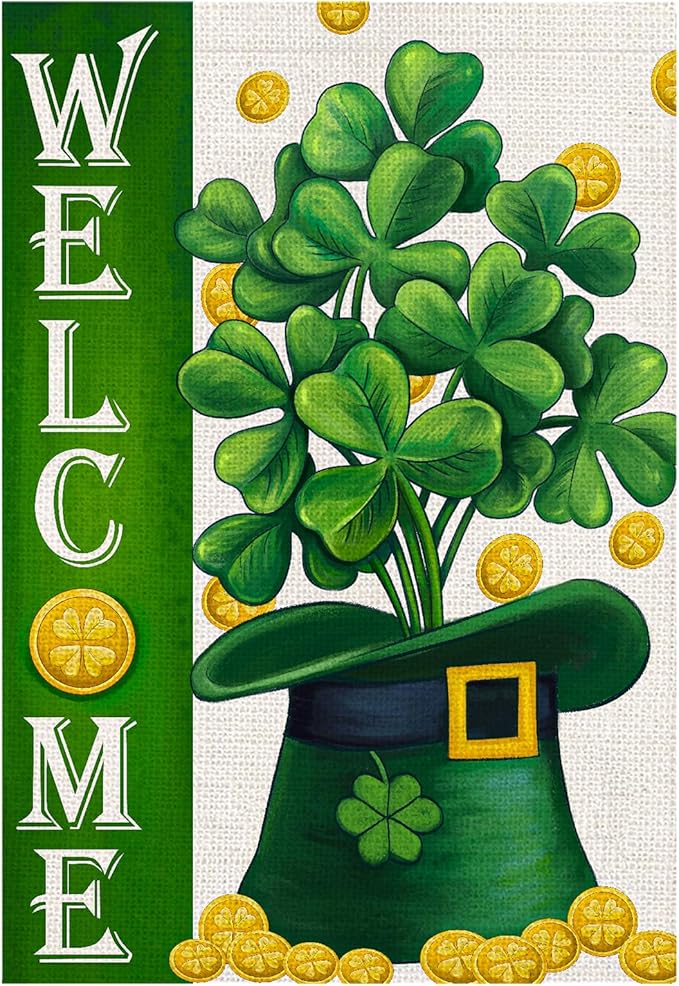 Welcome St Patricks Day House Flags Burlap 28x48 Double Sided, Green Hat Lucky Shamrocks Gold Coin Holiday Party Sign Large Flag Yard Outdoor Decor DF658-28