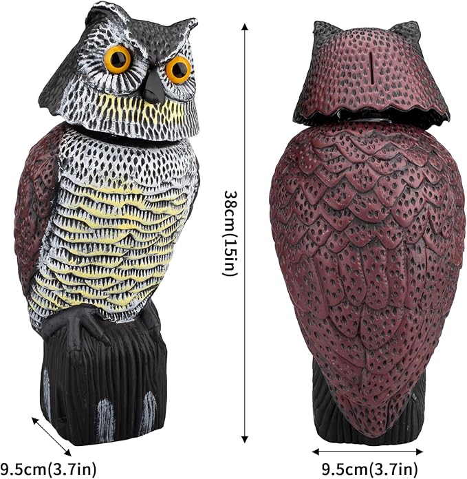 Owl Decoys to Scare Birds Squirrels Away, 360 Rotating Head Activated, Fake Owl Statues Repellent Pest Hawk Squirrel Cats Chickens Pigeon Bird Deterrents for Outside Garden Patios Backyard