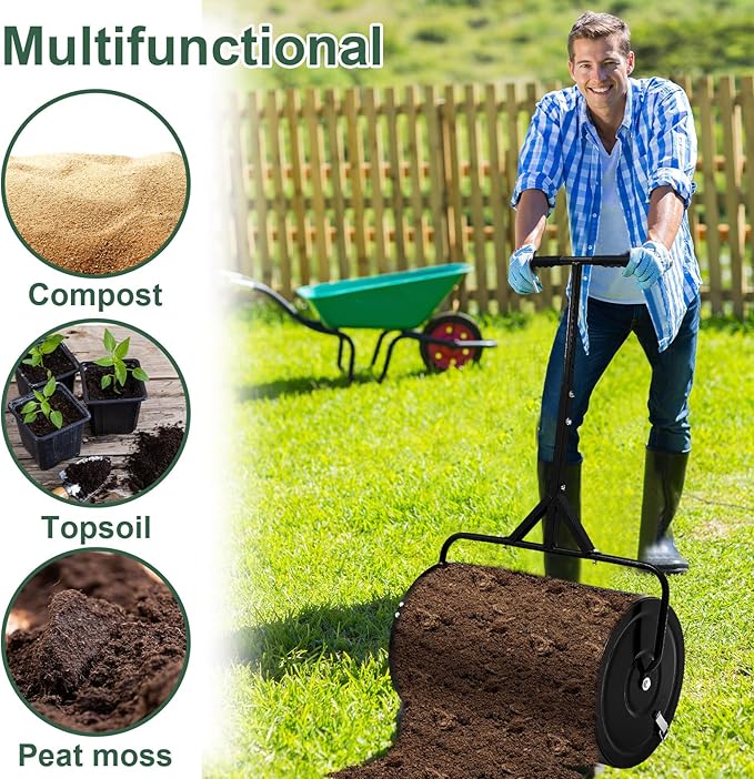 Hiboom 36 Inch Compost Spreader, Peat Moss Spreader, Manure Roller with Adjustable T Shaped Handle, Lightweight Metal Mesh for Lawn Garden Spreading Manure Topsoil (Black)