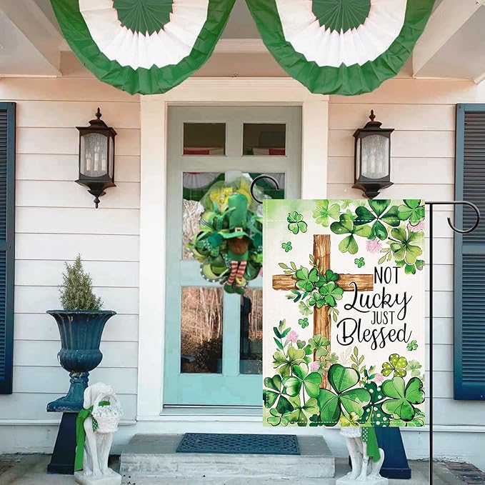Artofy Christian St Patricks Day Small Decorative Garden Flag, Religious Cross Shamrock Clover Not Lucky Just Blessed Yard Outside Decor, Irish Spring Outdoor Home Decoration Double Sided 12 x 18