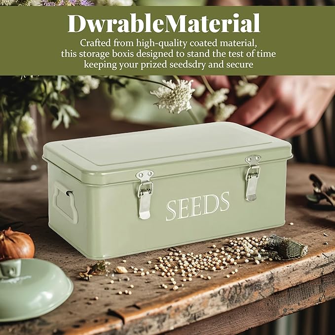 Seed Storage Box, Professional All-in-one Kit with 2 Pens, 20 Plant Labels and 50 Seed Envelopes, Metal Storage Organizer, Saving Box, Seed Packet Container, Large, Green