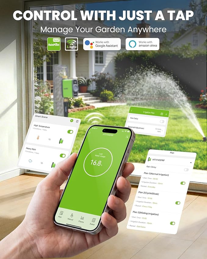 RAINPOINT WiFi Water Timer for Garden Hose, WiFi Sprinkler Controller, Smart Hose Timer Valve, Automatic Drip Irrigation System/Rain Delay for Garden/Lawn/Yard (Brass Inlet & Outlet, WiFi Gateway)