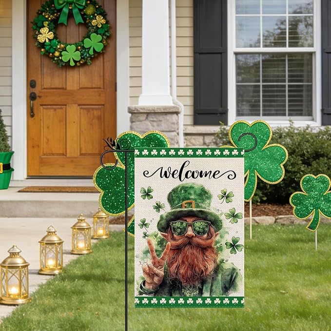 St Patricks Day Garden Flag - Leprechaun Shamrocks Green St Patricks Burlap Double Sided Holiday Flags Decorations for Yard lawn Outside Outdoor 12.5 x 18 Inch
