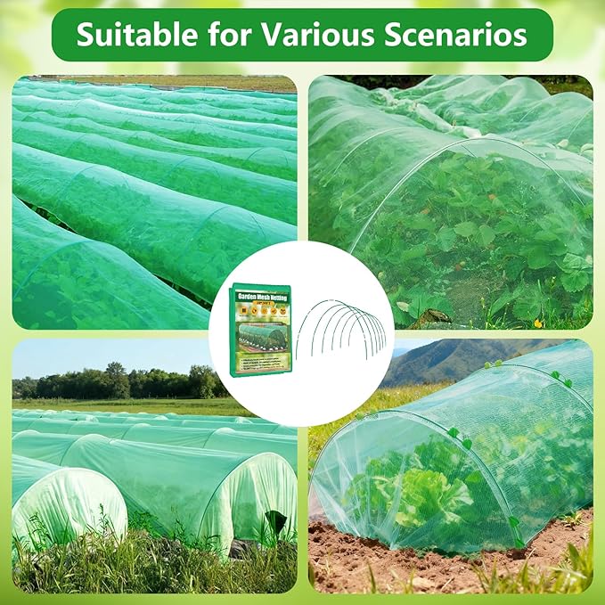 Garden Mesh Netting Kit for Raised Beds, 10x30FT Green Garden Netting &6 Sets Fiberglass Garden Hoops, Row Cover Garden Netting Pest Barrier Plant Protection for Vegetable Flowers Fruits