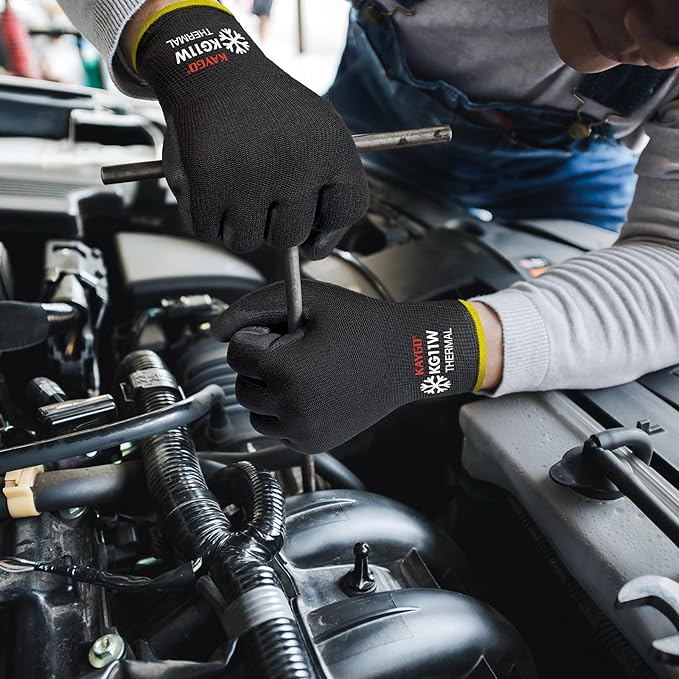 KAYGO 12 Pairs Winter Work Gloves for Men and Women, Thermal Insulated Safety Work Gloves PU Coated, Super Grip,Ideal for Freezer Work,Black,L