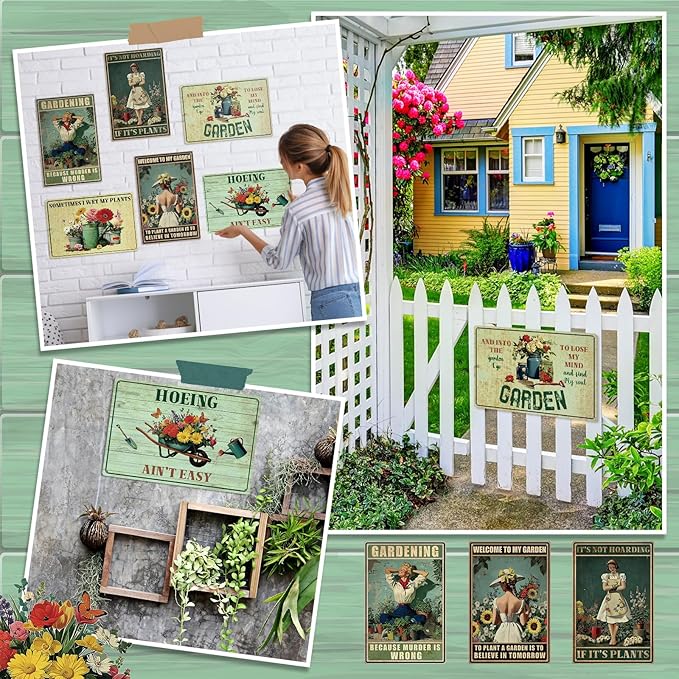 6 Pcs Funny Metal Garden Signs for Outside Garden Outdoor Decor 12 x 8 Inches Vintage Tin Signs Gardening Gifts for Women Christmas Gifts Wall Decoration Lover Greenhouse Backyard Room Decor