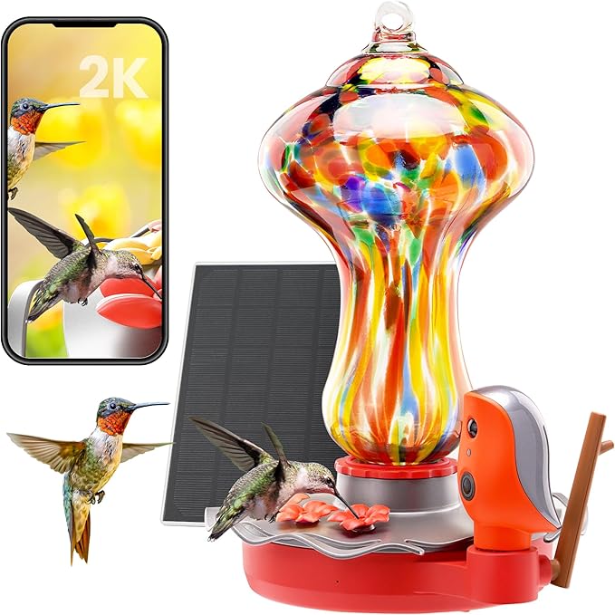 TT Nature Glass Smart Hummingbird Feeder with Camera Solar Powered 2K- AI Identify & Water Detection, Instant Notification, Leakproof & Ant Moat, Compatible with Alexa & Google Assistant