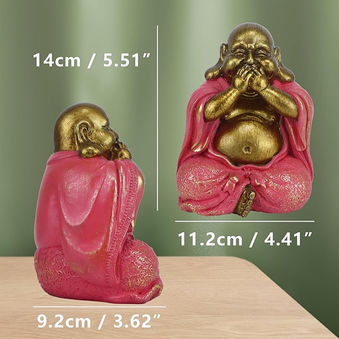 Laughing Buddha Statue - Gold Small Buddha Statues with Three Color Clothes for Home Decor (No See, No Speak, No Hear) - House Decor, Meditation & Feng Shui Gift (5.5 * 4.7 * 6.7") (Pink)