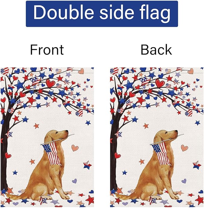 Louise Maelys 4th of July Garden Flag 12x18 Double Sided, Small Burlap Welcome Patriotic Golden Retriever Dog Yard House for Memorial Veterans Independence Day Outdoor Decor