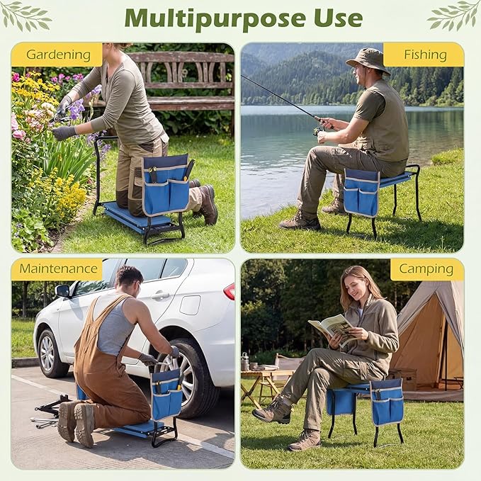 2-in-1 Garden Kneeler and Seat, Folding Garden Seat w/EVA Foam Kneeling Pad & Removable Tools Pouch, Sturdy Steel Frame, No Assembly, Portable Heavy Duty Garden Stool for Women Men Seniors