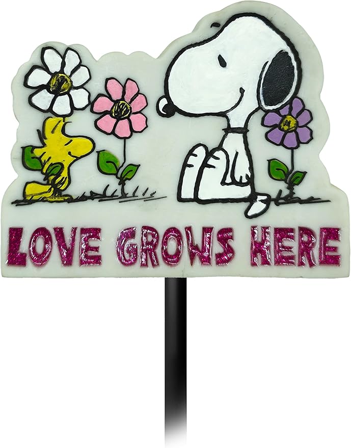 Spoontiques - Garden Décor - Garden Stake - Decorative Stake for Lawn and Yard - 24" High - Durable Weather Resistant Resin Sign for Home Décor - Peanuts Love Grows Here Garden Stake