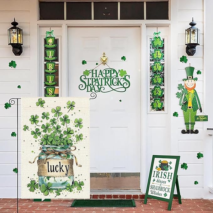 St Patricks Day Garden Flags for Outside, Irish Green Hat Lucky Shamrocks Yard Decoration, Small Seasonal Outdoor Decor for Farmhouse Holiday,12x18 Inch Double Sided