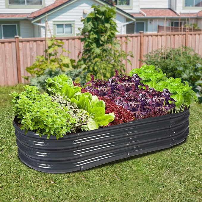 Raised Garden Bed GRS Certified Galvanized Planter Box Outdoor, 6.5ft Oval Rot-Resistant Metal Garden Bed Planter, Recycled Eco-Friendly Material Planter for Vegetables Flowers Herbs (Grey)