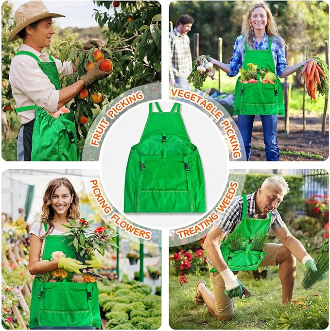 Gardening Apron Harvest Apron with Pockets, Green Garden Apron, Adjustable Waist Belt