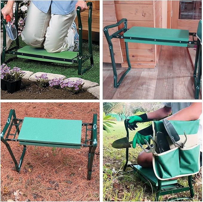 Garden Kneeler and Seat, Soft EVA Kneeling Pad Stool with Tool Pouch, Heavy Duty Foldable Gardener Stool, Green