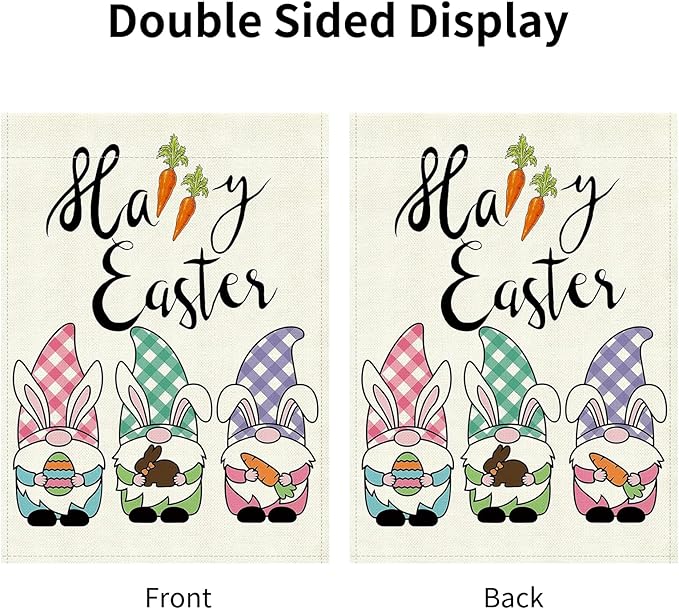 Easter Garden Flag 12x18 Inch - Cute Bunny Ear Gnome Trio with Egg & Carrot, Double-Sided "Happy Easter" Outdoor Decor for Patio Yard Easter Decorations