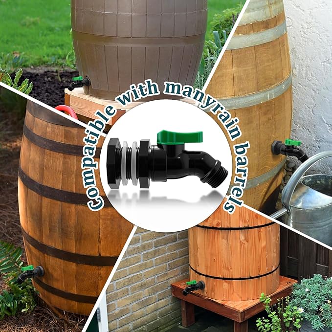 Plastic Rain Barrel Spigot Kit, High Flow Water Barrel Faucet, 3/4 PVC Rain Barrel Valve with Bulkhead Fitting for Outdoor Plastic Bucket Garden Barrels