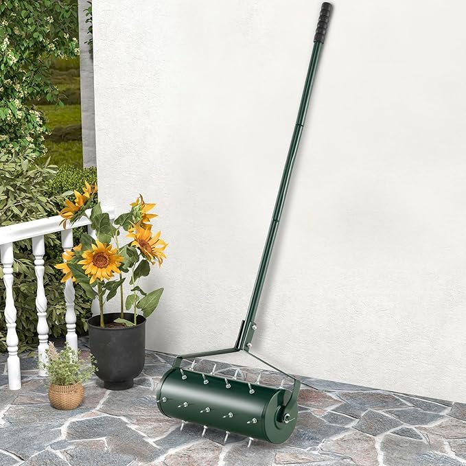 Goplus Rolling Lawn Aerator, 18-Inch Garden Yard Rotary Push Tine Filled Sand Stone, Heavy Duty Spike Soil Aeration w/Metal Handle, Fillable Drum 51" Manual Lawn Aeration Tool Garden Grass Patio Yard