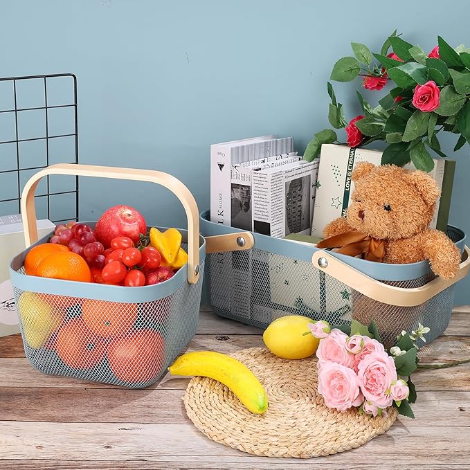 Dualshine 2 Pack Garden Harvest Basket, Metal Mesh Wire Picnic Basket with Handle, Rectangle Garden Baskets for Gathering Vegetables, Fruits, Kitchen, Home Cabinet Closet and Office(Blue)