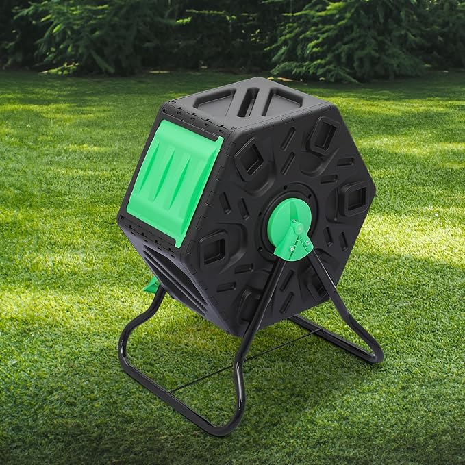 MoNiBloom 17 Gallon Single Compost Tumbler, BPA Free Outdoor Light Weight Compost Bin w/Sliding Door, All-Season Fast Working Rotating Chamber Composters for Garden Patio