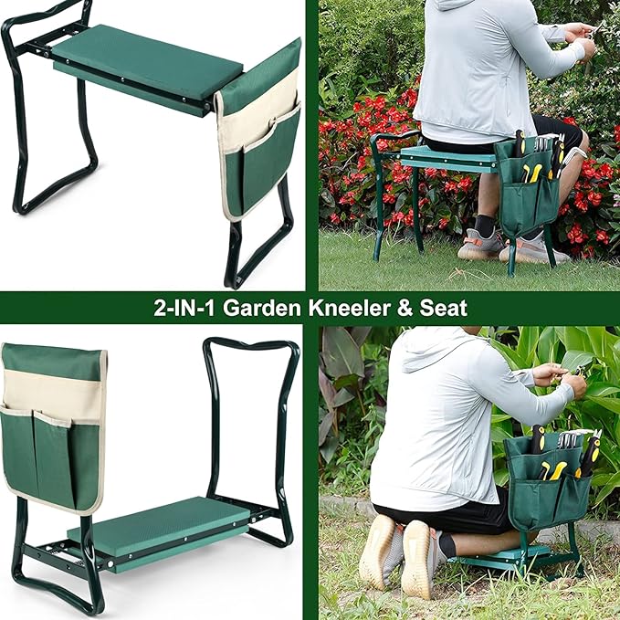 Foldable Garden Kneeler and Seat, Gardening Bench for Kneeling and Sitting Garden Stools, Garden Helper Seat with Tool Pocket, Eva Soft Foam Pad for Kneeling and Seating, Lightweight Frame