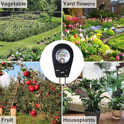 3-in-1 Soil Moisture Meter pH & Fertility Tester, No Battery Needed Plant Soil Test Kit for Houseplants, Garden, Lawn & Farm, Plug-and-Read Soil Acidity Meter for Indoor Outdoor Potted Plants (Black)