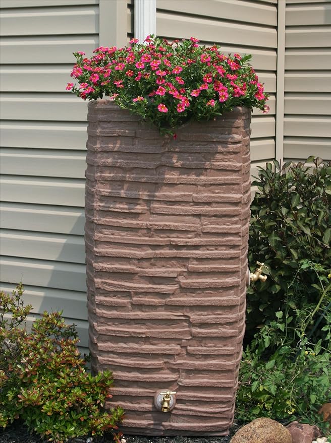 Good Ideas Impressions Riverwalk Rain Water Collection Barrel, Red Brick, 50 Gallon - Faux Slate Rock Rainwater Catcher, Plastic Storage Drum with Dual Robust Metal Spigots & Fine Mesh Screen