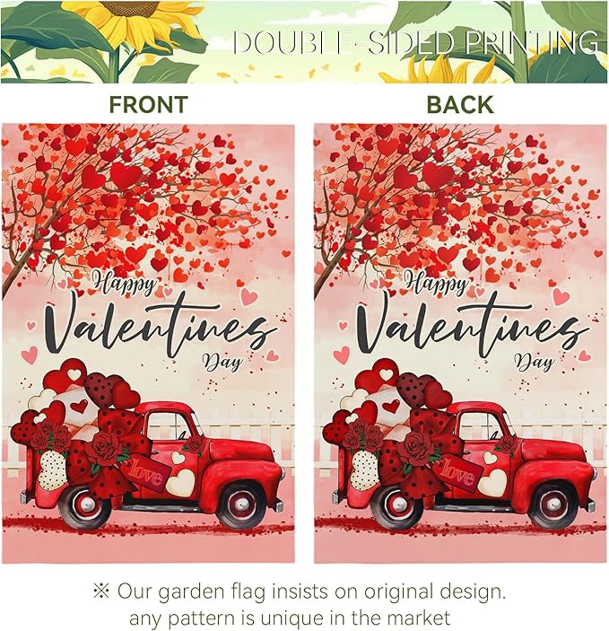 Valentines Garden Flags Red Truck Hearts Tree Yard Garden Flag Burlap 12x18 Inch Double Sided Sweet Love Flags for Outdoor Yard House Decor