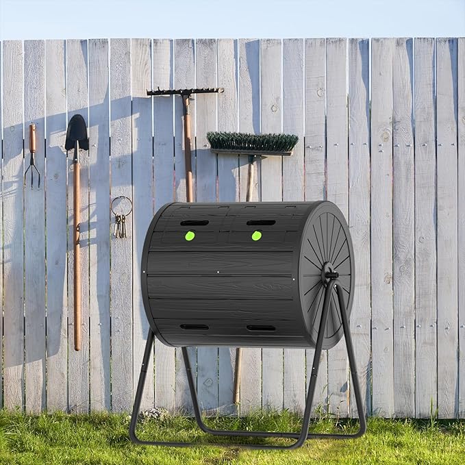 EasyUp Compost Bin Outdoor Dual-Chamber Outdoor Compost Tumbler, 37.5-Gallon Efficient Rotating Composter, UV-Resistant and Weatherproof, for Garden, Kitchen, and Yard (Black)