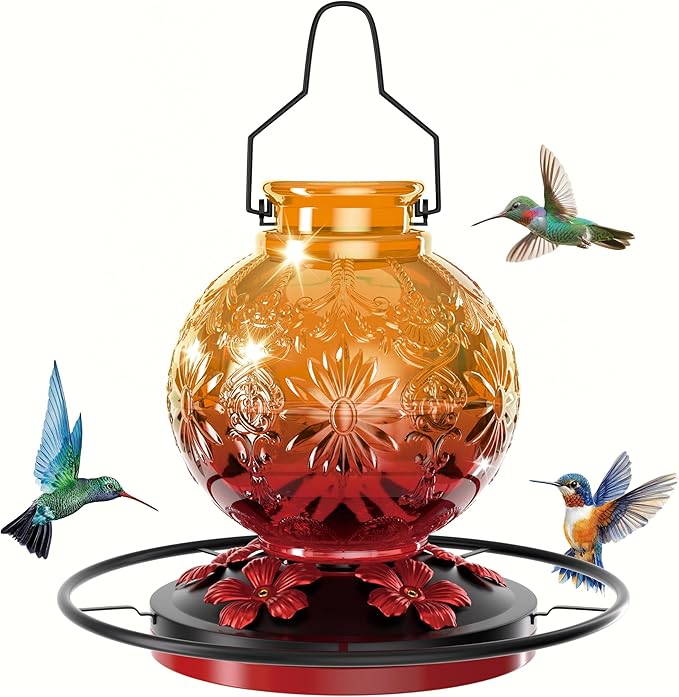 Glass Hummingbird Feeder for Outdoors, 25Oz Large Decorative Hanging Hummingbird Feeder, Leak Proof Durable Wild Bird Feeders, Hummingbird Gifts for Women & Mom, Garden Decor Window Feeder, Orange