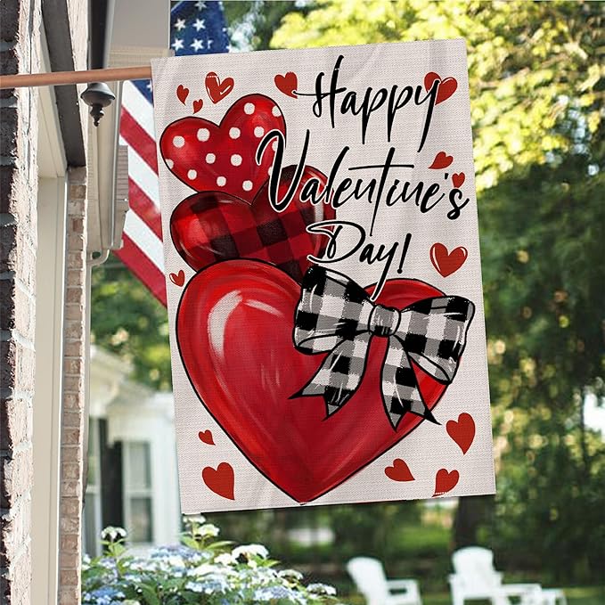Happy Valentines Day Garden Flag 28x40 Inch Double Sided Outside, Love Hearts Valentine Decorations Burlap House Flags Rustic Anniversary Yard Welcome Outdoor Farmhouse