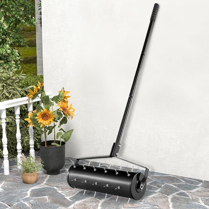 Goplus Rolling Lawn Aerator, 21-Inch Garden Yard Rotary Push Tine Filled Sand Stone, Heavy Duty Spike Soil Aeration w/Metal Handle, Fillable Drum 51" Manual Lawn Aeration Tool Garden Grass Patio Yard