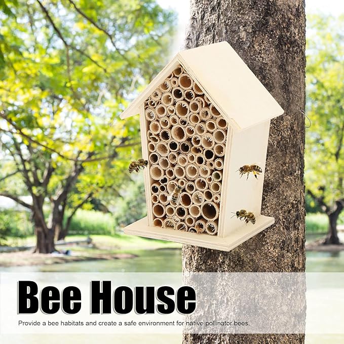 Native Hive Wooden Bee House, Natural Handmade Wooden Bee Box Habitat with Bamboo Tubes,Insect House Shelter for Attracting Peaceful Bee Pollinators (2PCS)