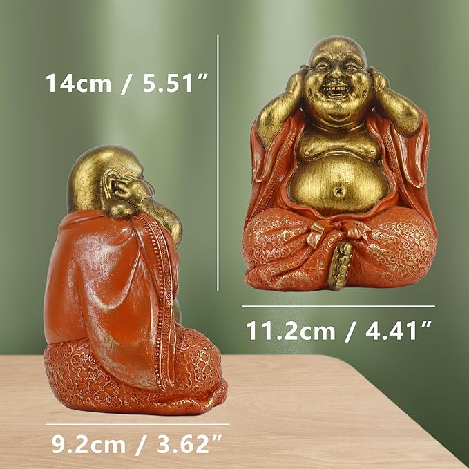 Laughing Buddha Statue - Gold Small Buddha Statues with Three Color Clothes for Home Decor (No See, No Speak, No Hear) - House Decor, Meditation & Feng Shui Gift (5.5 * 4.7 * 6.7") (Orange)