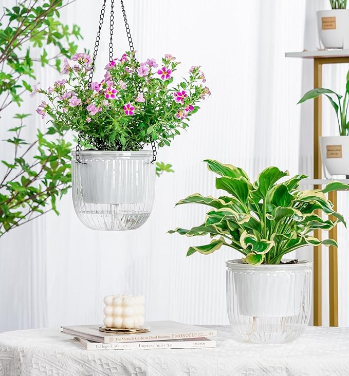 Melphoe 2 Pack Self Watering Hanging Planters Indoor Flower Pots, 6.5 Inch Outdoor Hanging Plant Pot Basket, Plant Hanger with 3Hooks Drainage Holes for Garden Home