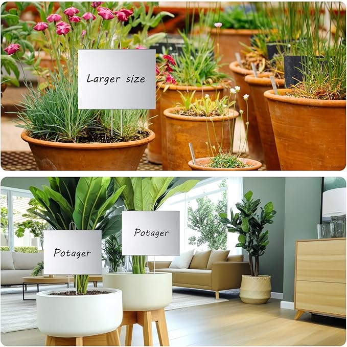 Landhoow 6 Pcs Large Garden Plant Markers Metal Plant Labels Sign 6'' x 8'' with 13'' Stake Weatherproof Waterproof Garden Sign for Outdoor Seedlings Herbs Vegetable Greenhouse, Silver