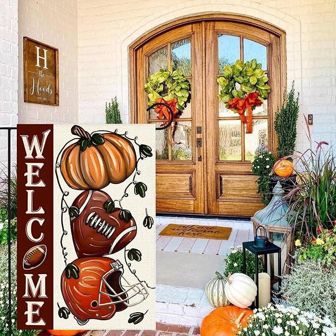 Thanksgiving Garden Flag 12x18 Inch Small Double Sided, Fall Pumpink Football Welcome Yard Outdoor Decorative Autumn Flag