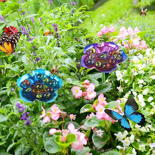 4 Pack Bee Watering Station, Metal Bee Feeder with Glass Marbles, Flower Shape Bee Butterfly Watering Station Bee Waterer for Outdoor Garden Courtyard Decor