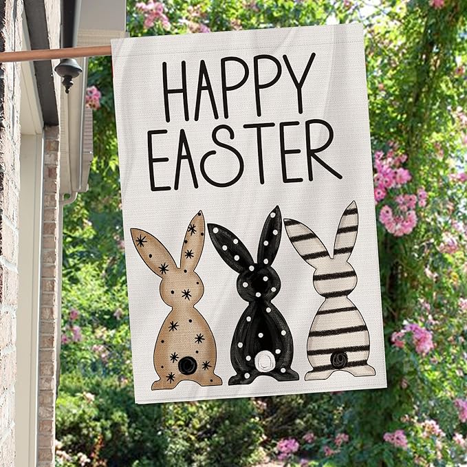 Easter Flag 28x40 Inch Double Sided Outside, Black Bunnies Flag Burlap Happy Easter Welcome Yard Decorations Outdoor