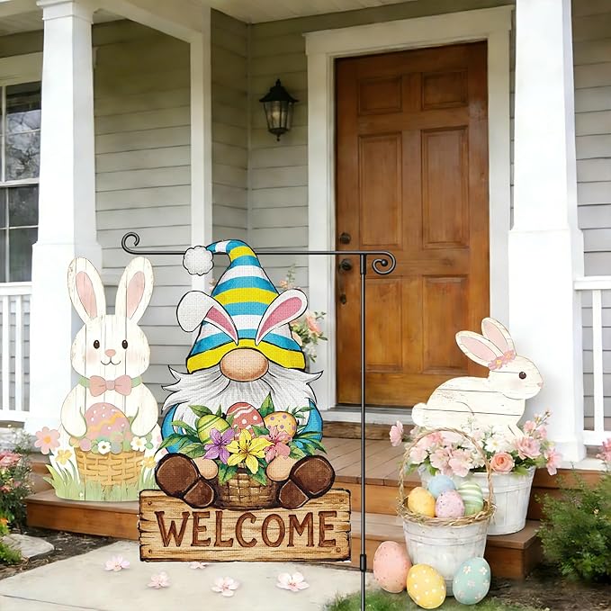 Heyfibro Welcome Easter Garden Flag Banner Double Sided 12.6x18.9 Inch Bunny Gnome Garden Flag Small Yard Flags for Outside House Farmhouse Holiday Easter Outdoor Decorations