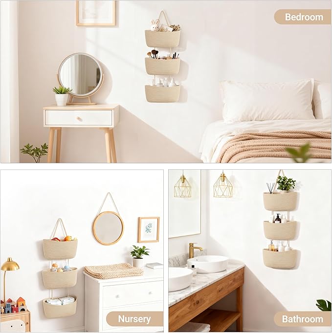 Dahey Over The Door Hanging Basket 3-Tier Woven Boho Wall Mounted Storage Organizer with Hooks for Bedroom Nursery Bathroom Apartments Dorm Pantry Decor, Jute