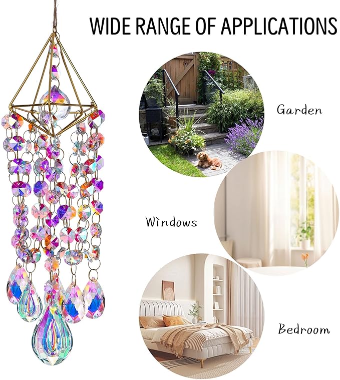 HDCRYSTALGIFTS Crystal Suncatchers for Window Hanging Wind Chime Style Garden Sun Catchers with Crystals Rainbow Maker Indoor Outdoor Decor Handmade Gold Plated